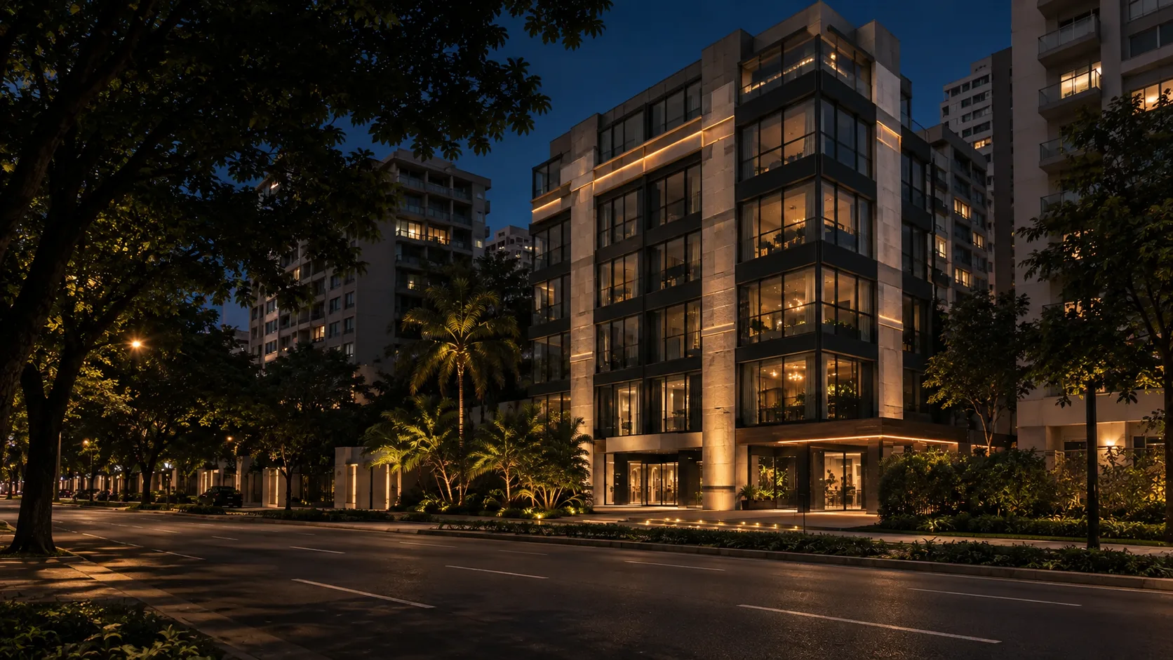 Vista conceitual da rua e da fachada completa de um imóvel ao anoitecer